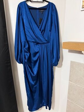 Eloquii Sapphire Blue Wrap Midi Dress with Bishop Sleeves